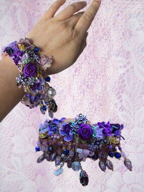 Handmade Purple Jewelled and Embroidered Bracelet Romantic Mermaidcore